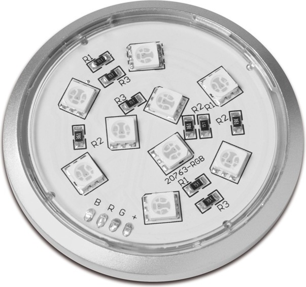 картинка Светодиод.св-к Tavira круглый, 9 диодов RGB SMD5050 1,8W, 12V с кабелем и разъемом LD-TO18W-RGB*** от магазина комплектующих для производства мебели "Панорама"