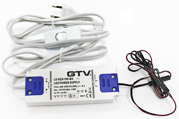 картинка Трансформатор LED 13,5мм 15W DC12V с проводом,выключателем,сетев. шнуром LD-SZA15W-MA*** от магазина комплектующих для производства мебели "Панорама"
